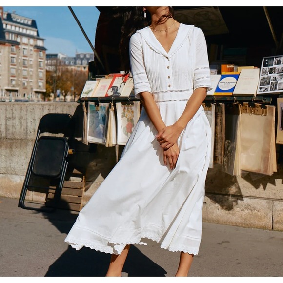 Simple Retro Dresses & Skirts - Simple Retro Fiona V Neck White Cotton Eyelet Lace Sailor Collar Midi Dress NWT